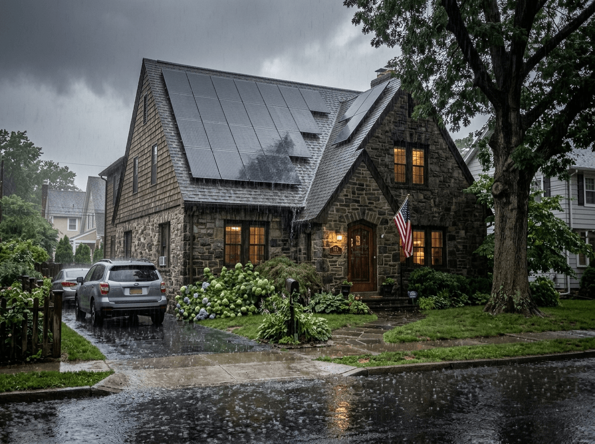 Solar panels installed on the roof of a stone house generating power during a heavy rainstorm on a cloudy day.