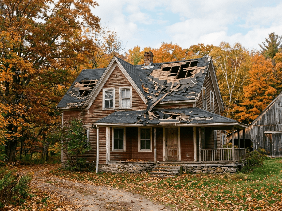 Abandoned two-story farmhouse with a severely damaged roof, surrounded by colorful autumn trees.