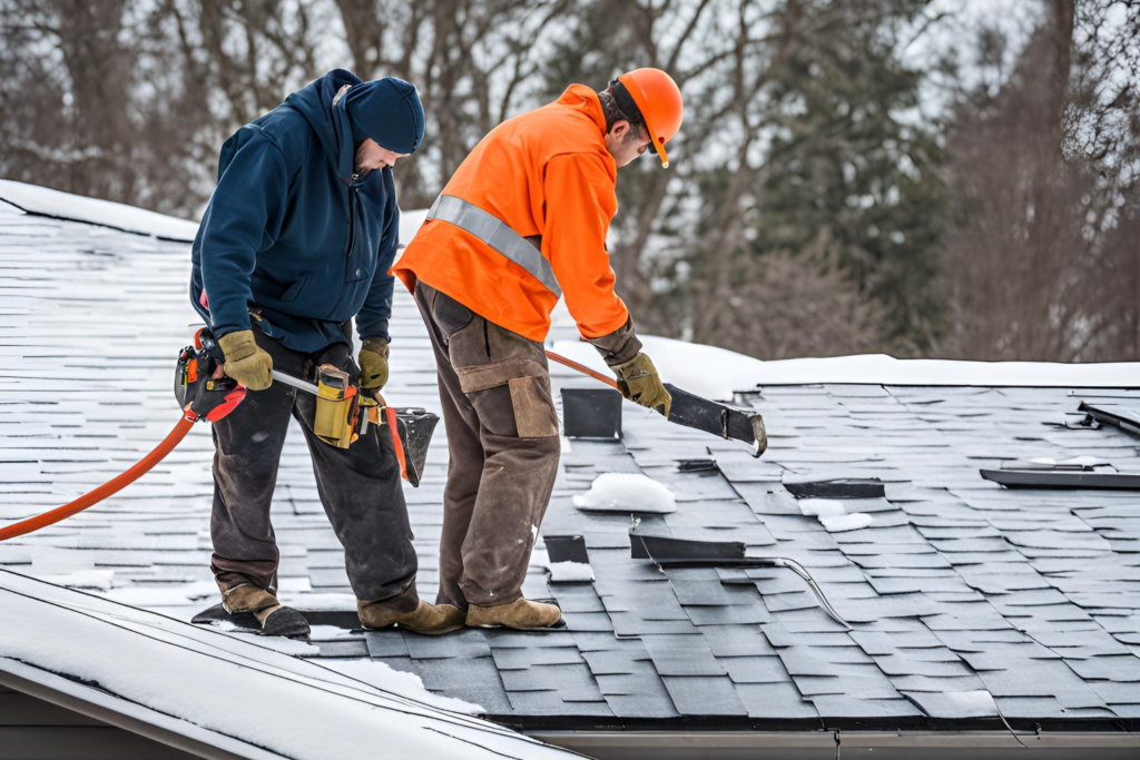 Winter roof replacement with hand-sealed shingles by experienced roofers to ensure durability and prevent leaks.